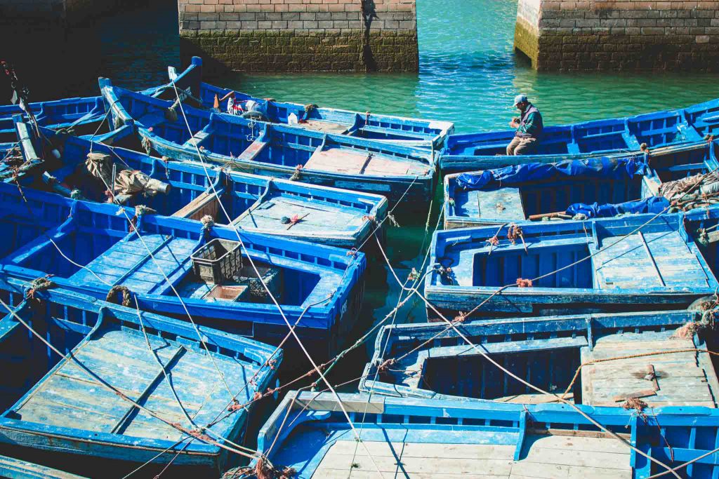 Traditionelle blaue Fischerboote in Essouira | Berg- und Talfahrt
